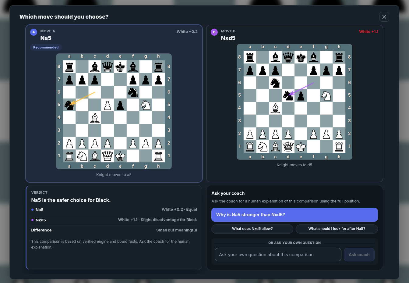 chessfeed.ai branch comparison screen comparing candidate chess moves from the same position