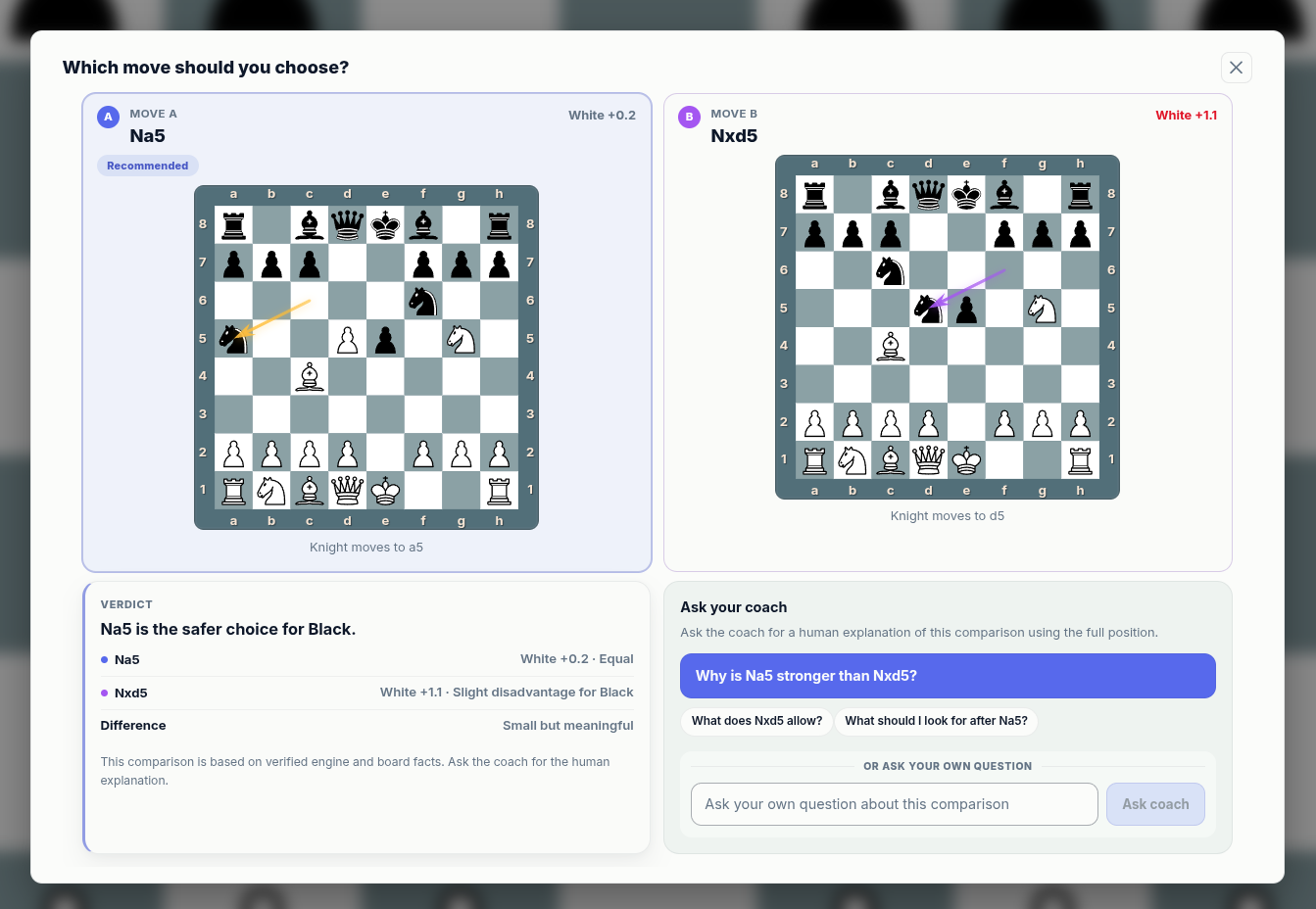 chessfeed.ai branch comparison screen comparing candidate chess moves from the same position