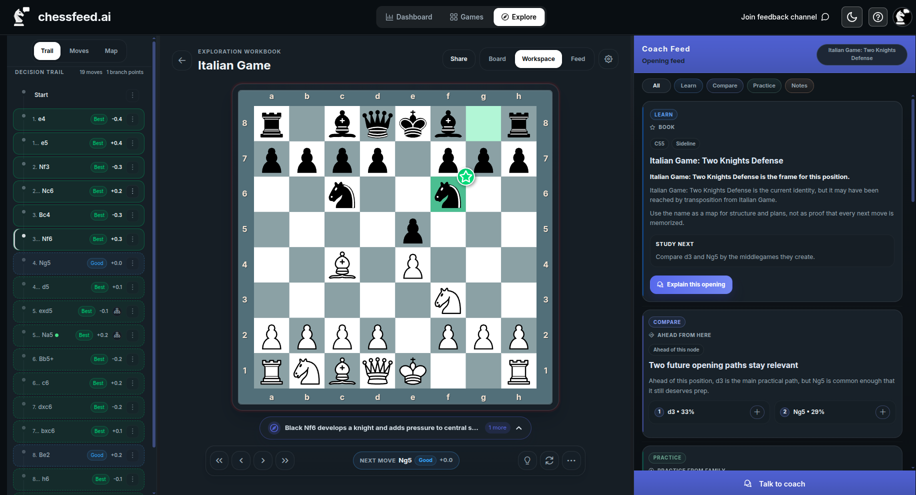 chessfeed.ai AI chess coach and position study workspace showing a board, branches, and learning feed