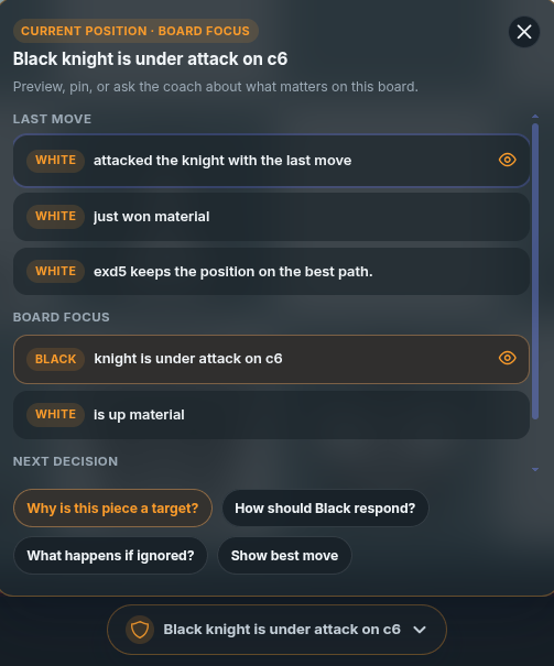 chessfeed.ai Insight Panel showing plans, threats, candidate moves, and next steps during position study