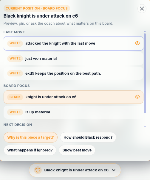 chessfeed.ai Insight Panel showing plans, threats, candidate moves, and next steps during position study
