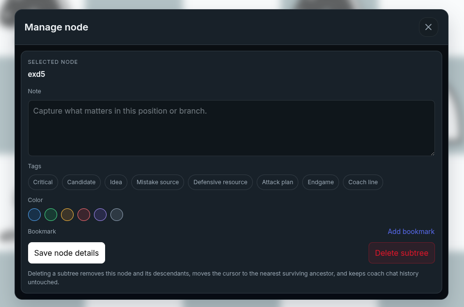 chessfeed.ai position management screen showing notes, tags, colors, and bookmarks for important positions