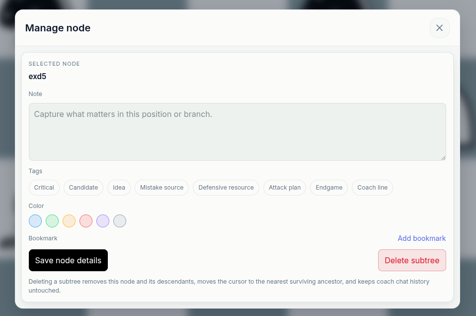 chessfeed.ai position management screen showing notes, tags, colors, and bookmarks for important positions