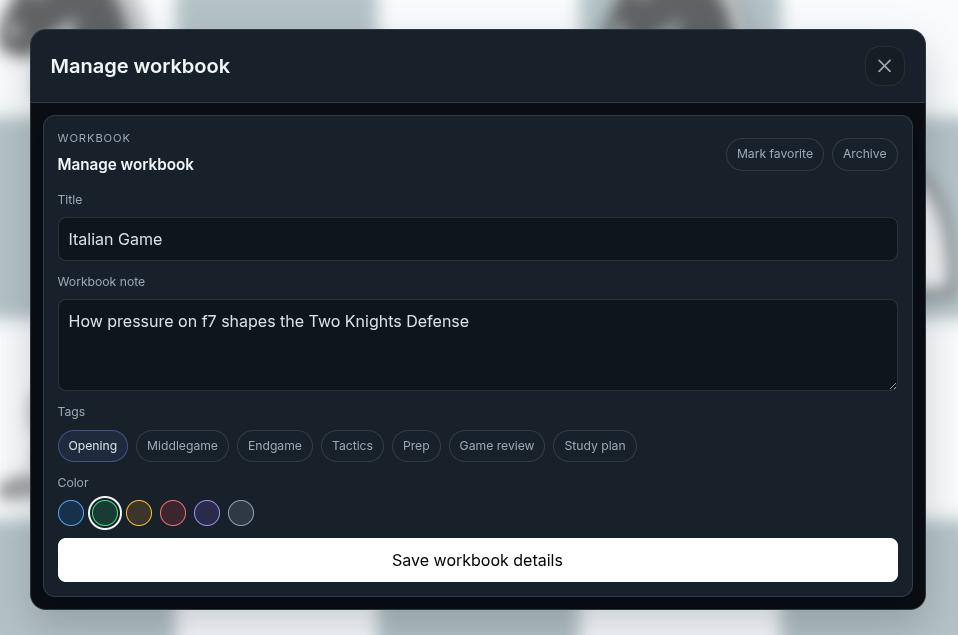 chessfeed.ai workbook management screen showing saved study context