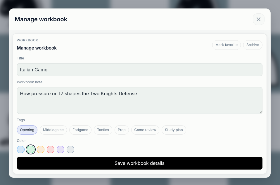 chessfeed.ai workbook management screen showing saved study context