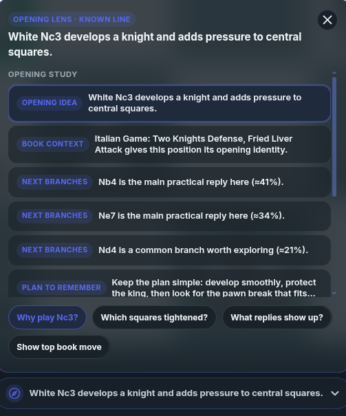 chessfeed.ai Opening Lens explaining Italian Game opening ideas on an exploration board