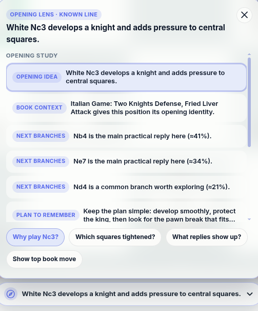 chessfeed.ai Opening Lens explaining Italian Game opening ideas on an exploration board