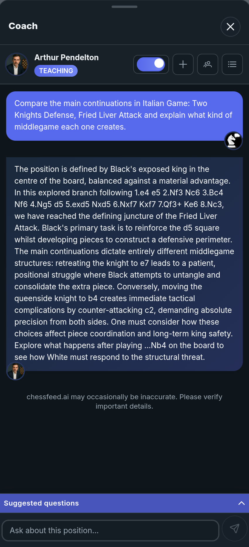 chessfeed.ai AI chess coach and position study workspace showing a board, branches, and learning feed – image 3
