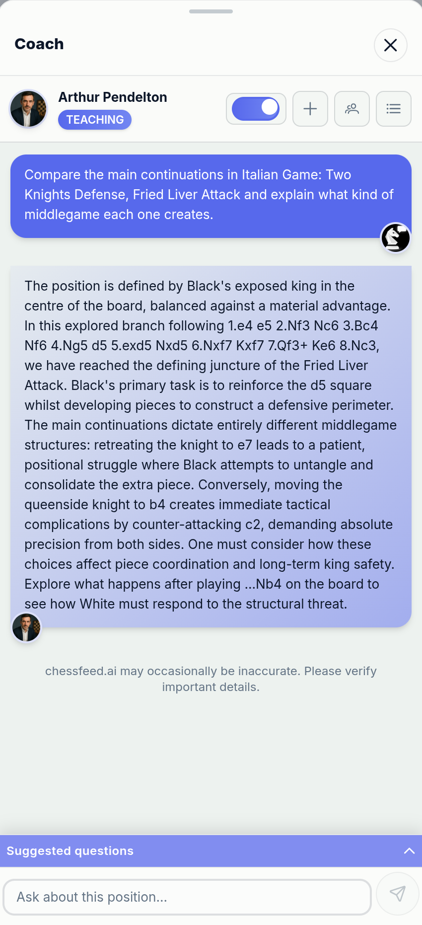 chessfeed.ai AI chess coach and position study workspace showing a board, branches, and learning feed – image 3
