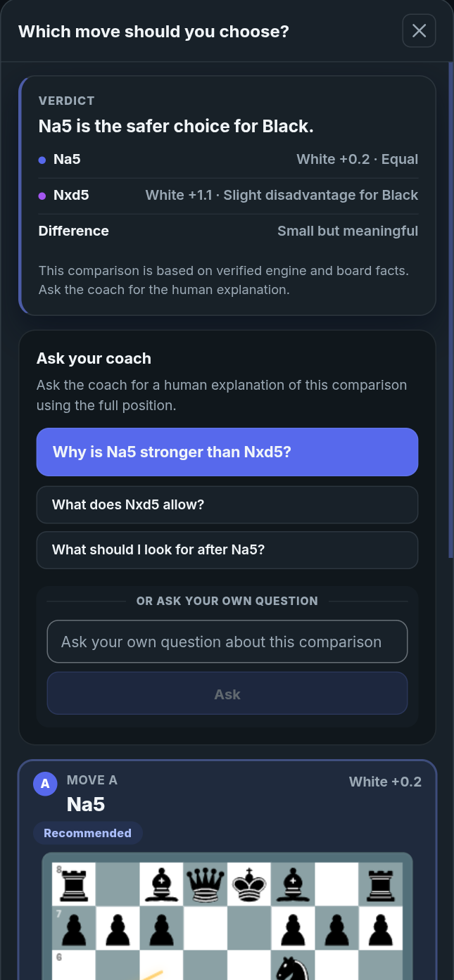chessfeed.ai branch comparison screen comparing candidate chess moves from the same position