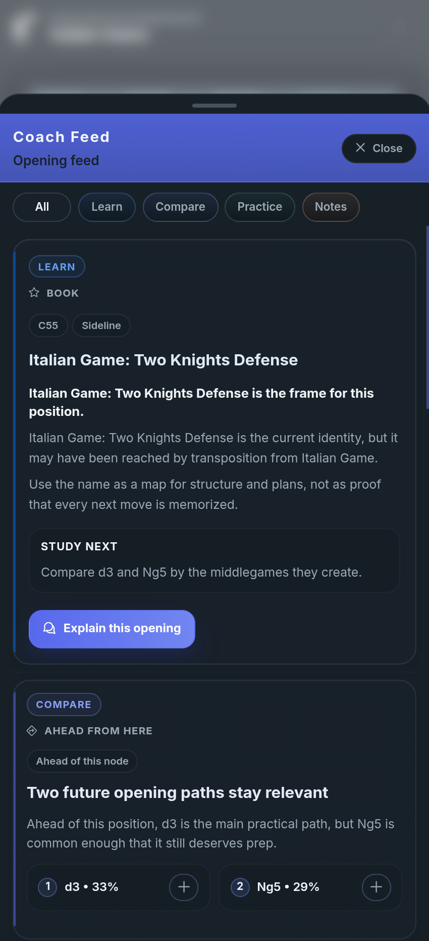 chessfeed.ai AI chess coach and position study workspace showing a board, branches, and learning feed – image 2