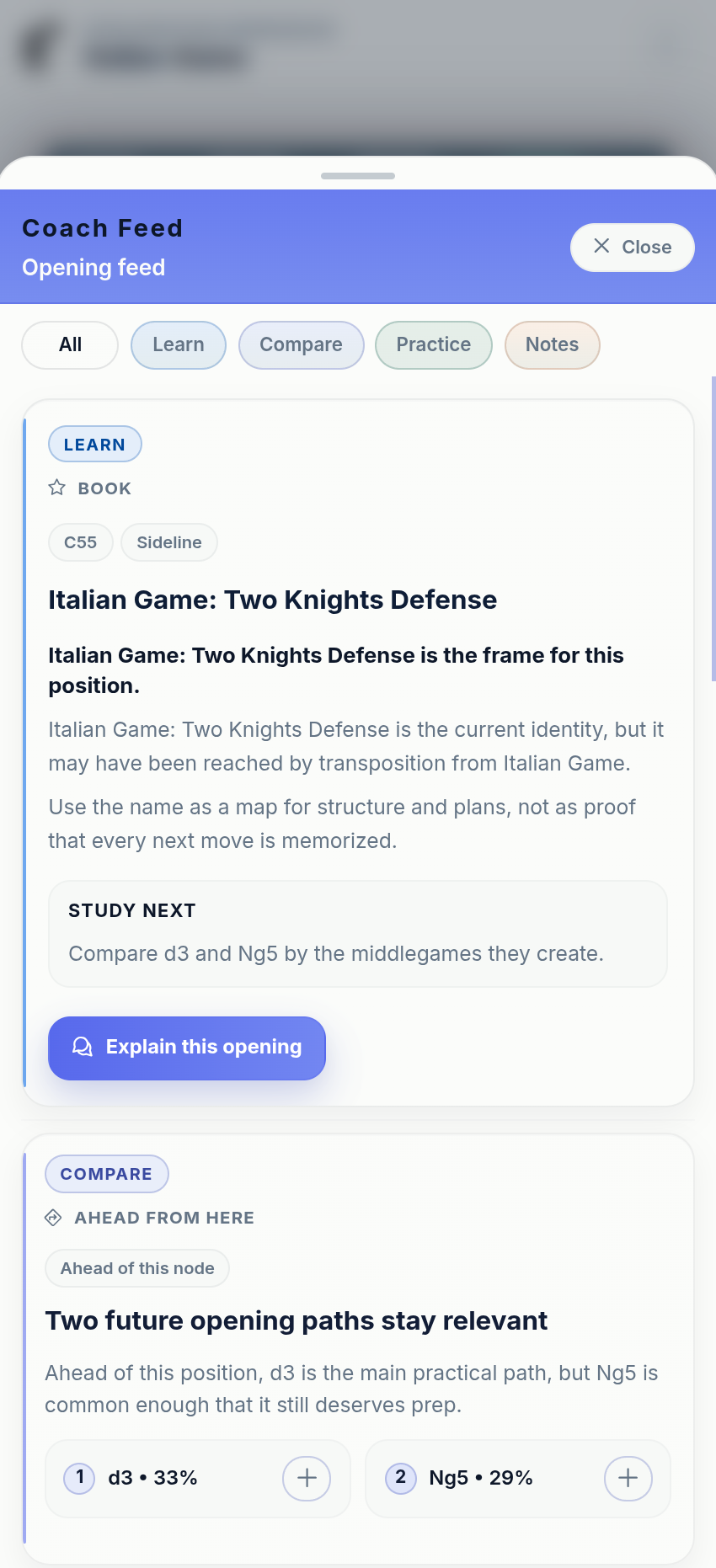 chessfeed.ai AI chess coach and position study workspace showing a board, branches, and learning feed – image 2