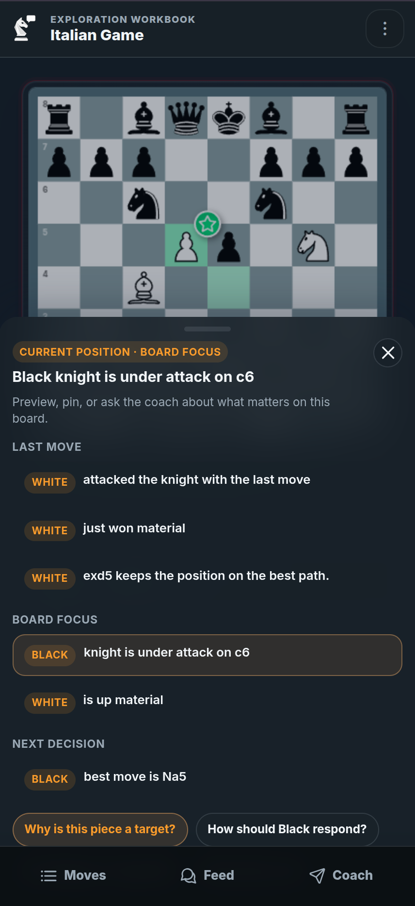 chessfeed.ai Insight Panel showing plans, threats, candidate moves, and next steps during position study
