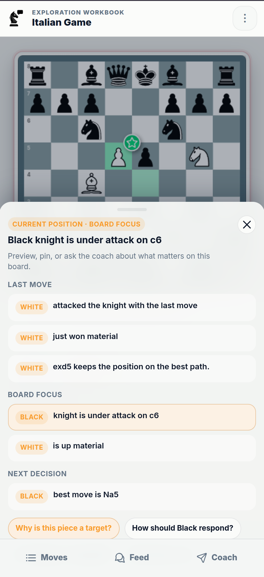 chessfeed.ai Insight Panel showing plans, threats, candidate moves, and next steps during position study