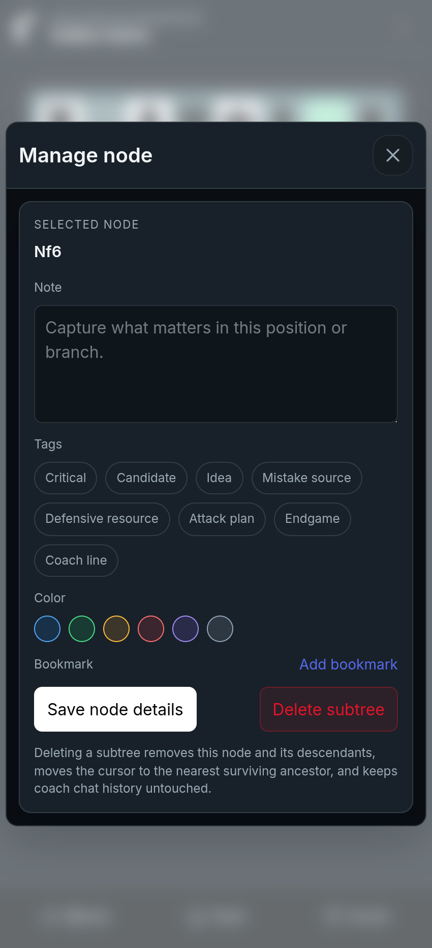 chessfeed.ai position management screen showing notes, tags, colors, and bookmarks for important positions