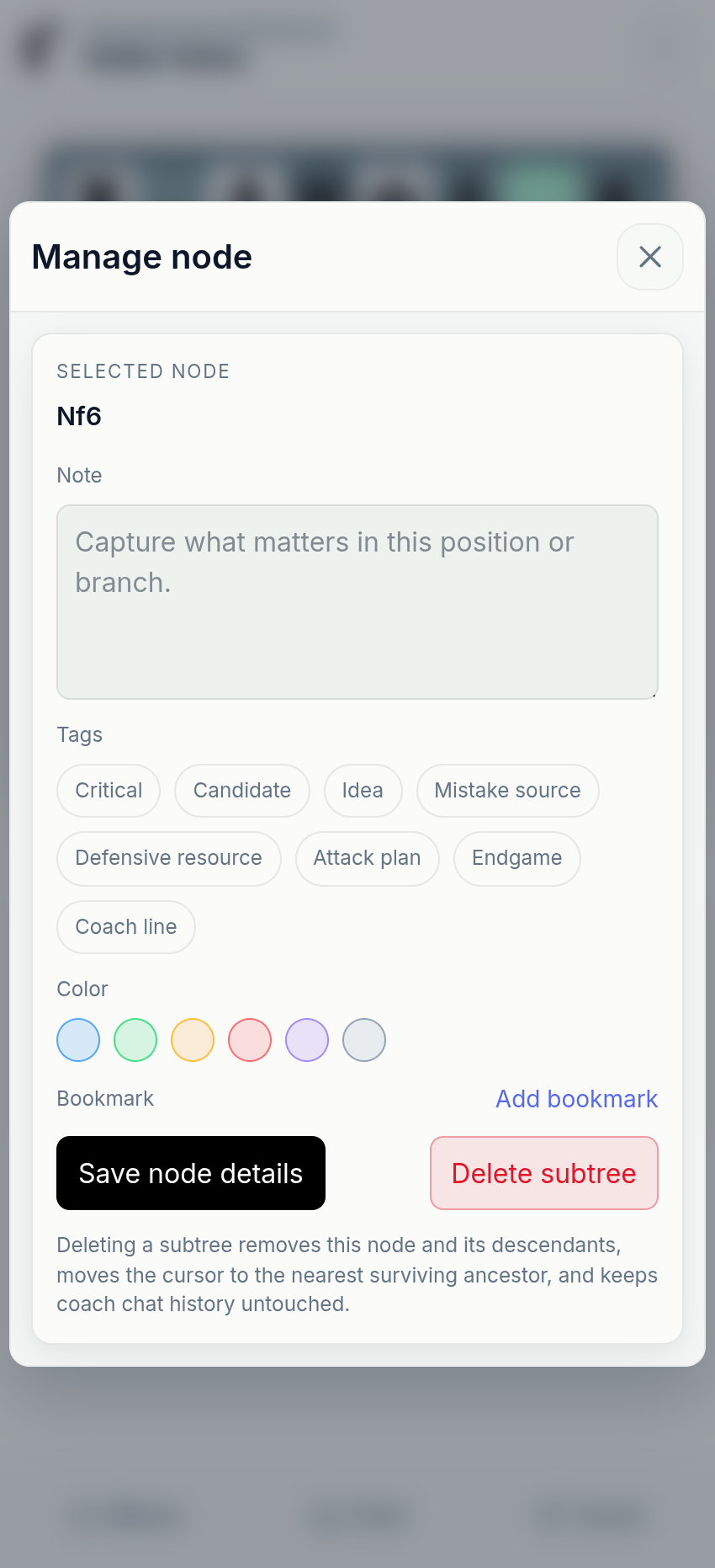 chessfeed.ai position management screen showing notes, tags, colors, and bookmarks for important positions