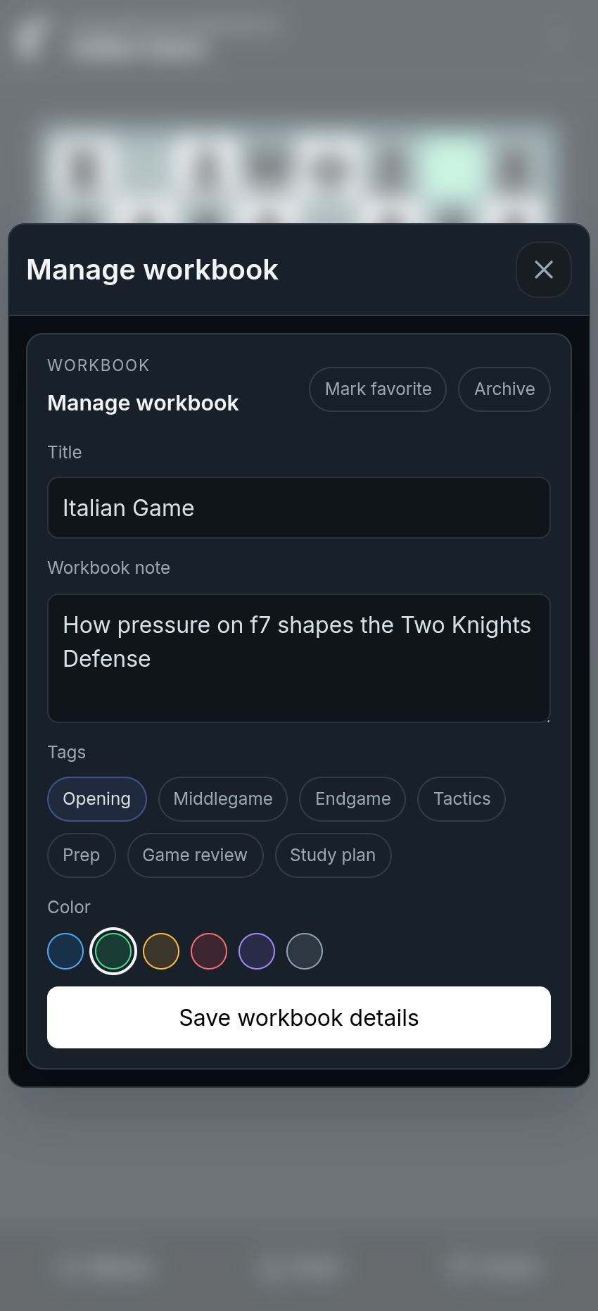 chessfeed.ai workbook management screen showing saved study context