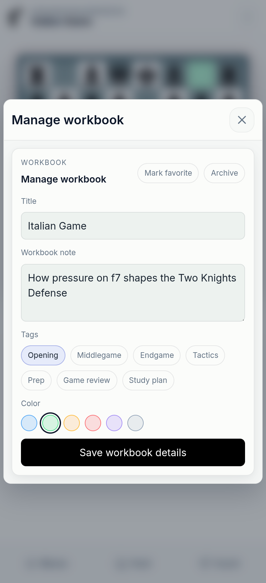 chessfeed.ai workbook management screen showing saved study context