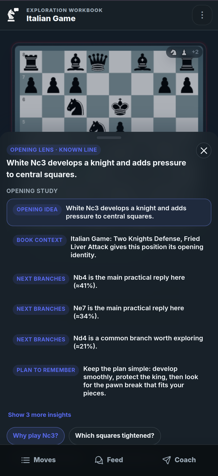 chessfeed.ai Opening Lens explaining Italian Game opening ideas on an exploration board