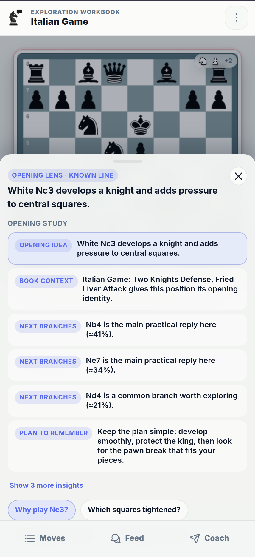 chessfeed.ai Opening Lens explaining Italian Game opening ideas on an exploration board